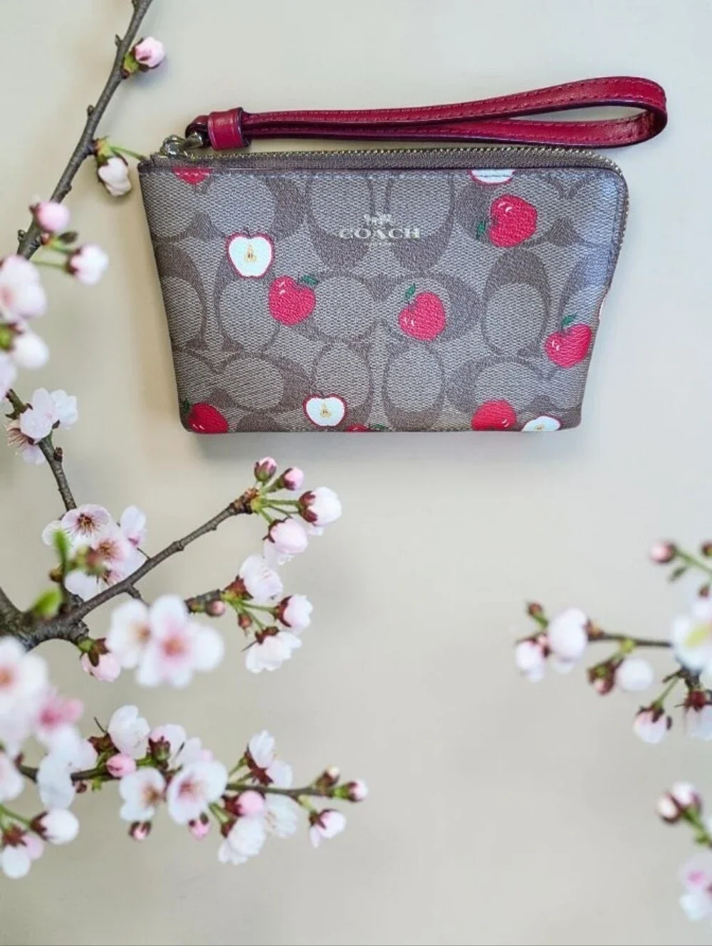 Coach Cherry Print Signature Wristlet in Brown with Red Accents